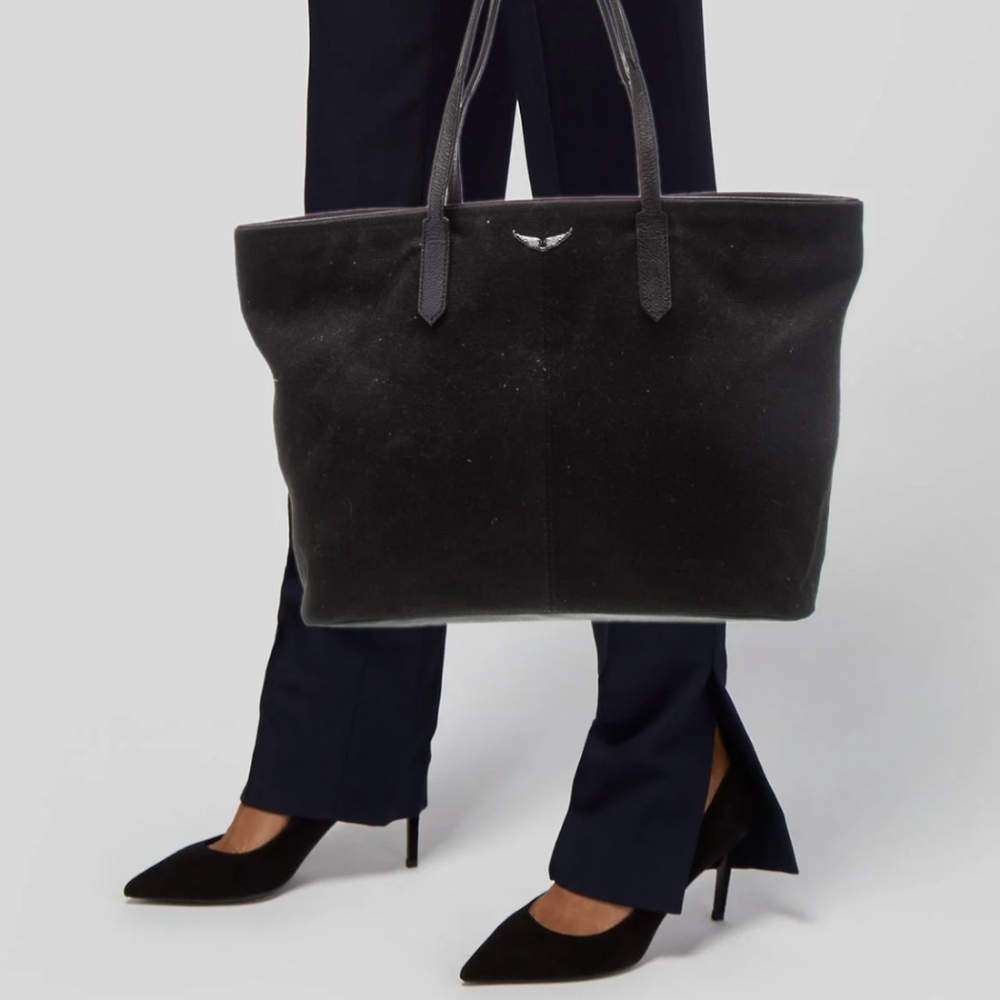 NEW Zadig & Voltaire Mink Wings Canvas Leather Black Tote Bag Purse - Picture 3 of 10